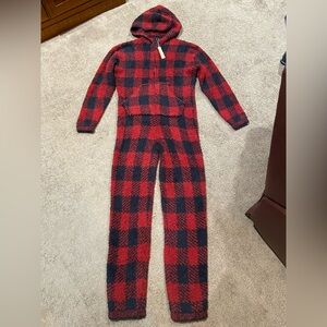 Skims Cozy Knit Unisex Zip Hooded Onesie Brick Buffalo Check Size L/XL NWT